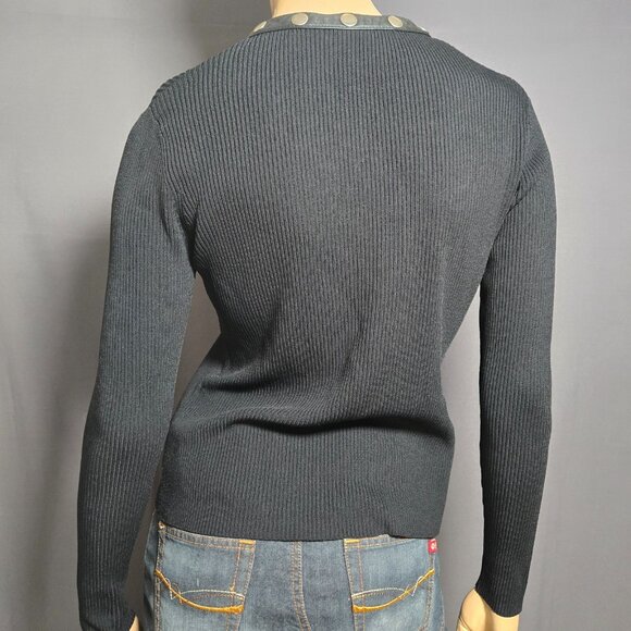 Y2K Black Ribbed Sweater Silver Snap Buttons Leather Trim Size S Gothic Vampy - Picture 8 of 13